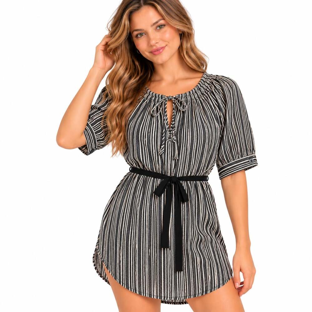 LOFT Ann Taylor Womens Striped Tunic Dress Black White Belted Short Sleeve XS
